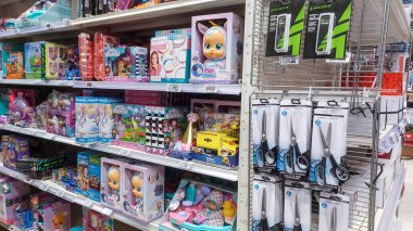 Toronto, On, Kanada - 01 Şubat 2024: Kanada Lastik mağazasındaki ev ile ilgili eşyaların olduğu raflara bakın