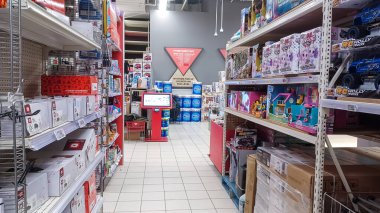 Toronto, On, Kanada - 01 Şubat 2024: Kanada Lastik mağazasındaki ev ile ilgili eşyaların olduğu raflara bakın