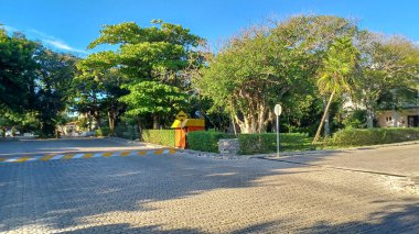 Meksika 'daki Playa del Carmen' in Playacar bölgesindeki boş caddenin manzarası.