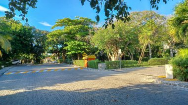 Meksika 'daki Playa del Carmen' in Playacar bölgesindeki boş caddenin manzarası.