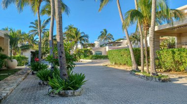 Meksika 'daki Playa del Carmen' in Playacar bölgesindeki boş caddenin manzarası.