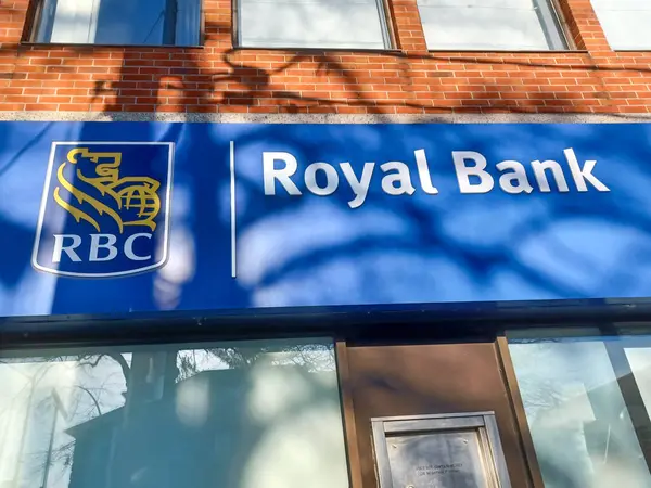 stock image Toronto, ON, Canada  August 23, 2023: The logo and brand sign of the Royal Bank of Canada.