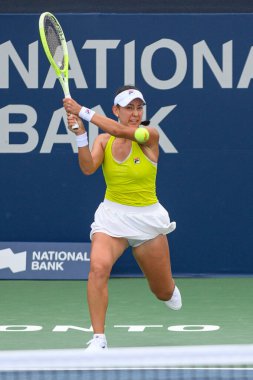 Toronto, ON, Canada - August 4, 2024: Stacey Fung (CAN) plays against Jule Niemeier (GER) during the qualifying match of the National Bank Open at Sobeys Stadium. clipart