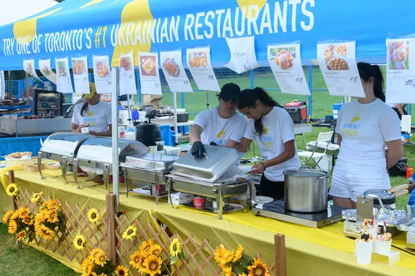 stock image Toronto, Ontario, Canada  August 24, 2024: Vendors present Ukrainian products during the Ukrainian Independence Day Celebration at Centennial Park..