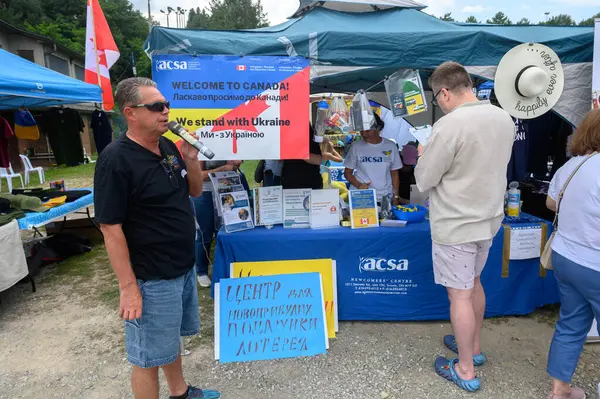 stock image Toronto, Ontario, Canada  August 24, 2024: Vendors present Ukrainian products during the Ukrainian Independence Day Celebration at Centennial Park..