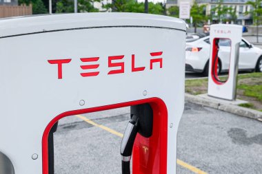 Toronto, ON, Kanada 1 Ağustos 2024: Tesla şirketinin logosuna bakın...