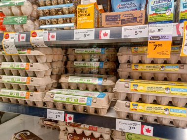 Toronto, ON, Kanada - 3 Mart 2025: ABD hükümeti tarafından başlatılan Ticaret Savaşı sonucunda Kanada 'da üretilen fiyat tabelası bir marketin raflarında sunuldu.