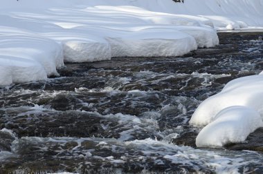 Küçük bir dere karlı bir ormanın içinden akar, karla kaplı kayalar ve kıyılar huzurlu bir kış manzarası yaratır..