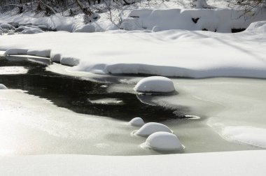 Küçük bir dere karlı bir ormanın içinden akar, karla kaplı kayalar ve kıyılar huzurlu bir kış manzarası yaratır..