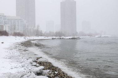 Kar gölün üzerine düşerken dalgalar buzlu kıyı şeridini vuruyor. Toronto 'daki sisli kış arka planında uzun binalar soluyor..