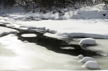 Küçük bir dere karlı bir ormanın içinden akar, karla kaplı kayalar ve kıyılar huzurlu bir kış manzarası yaratır..