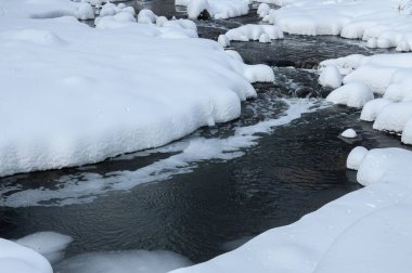 Küçük bir dere karlı bir ormanın içinden akar, karla kaplı kayalar ve kıyılar huzurlu bir kış manzarası yaratır..