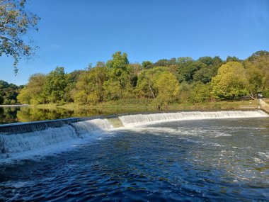 Akşam güneşi Humber Nehri somon merdivenini aydınlatıyor. İnsanlar nehir boyunca toplanıp akan suyu seyrediyorlar..