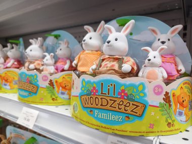 Toronto, On, Kanada - 27 Kasım 2024 Oyuncaklar R Us mağazasındaki oyuncaklarla birlikte raflara bakın.