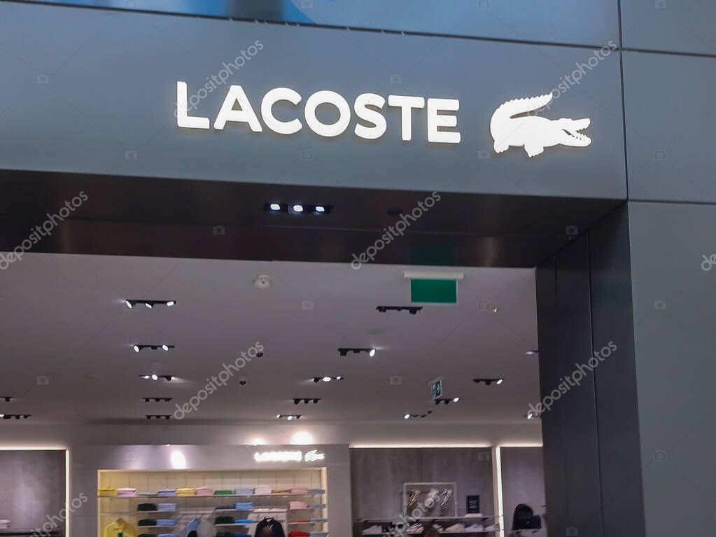 Toronto, ON, Canada - April 25, 2024: View at Lacoste company sign  in shopping mall.