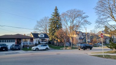 Toronto, ON, Kanada - 9 Nisan 2025: Park halindeki arabaların ve olgun ağaçların tomurcuklanmaya başladığı sakin bir yerleşim yeri..