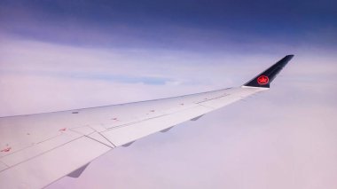 Toronto, ON, Kanada - 1 Mayıs 2025: Air Canada akçaağaç yaprağı logosuna sahip kanat ve kuyruk yüzgeci uçuş sırasında bir bulut katmanının üzerinde görünür..