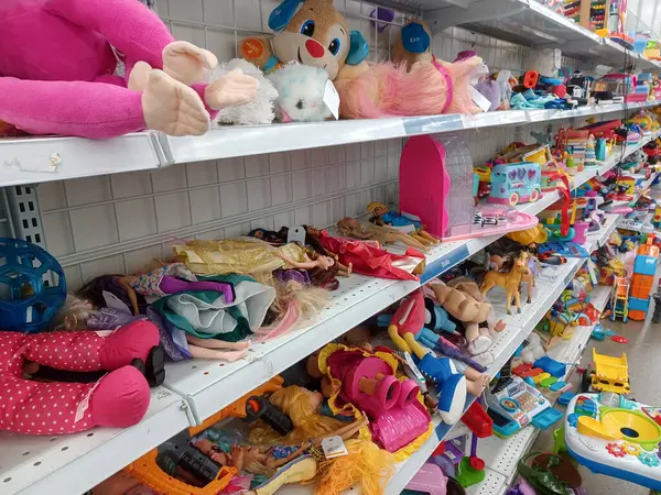 Toronto, On, Kanada - 27 Kasım 2024: Value Village ikinci el mağazasındaki oyuncak bölümüne bakın