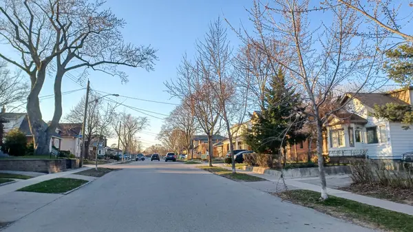 Toronto, ON, Kanada - 9 Nisan 2025: Park halindeki arabaların ve olgun ağaçların tomurcuklanmaya başladığı sakin bir yerleşim yeri..