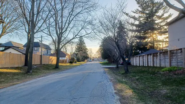 Toronto, ON, Kanada - 9 Nisan 2025: Park halindeki arabaların ve olgun ağaçların tomurcuklanmaya başladığı sakin bir yerleşim yeri..