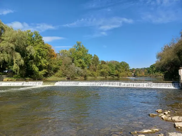 Akşam güneşi Humber Nehri somon merdivenini aydınlatıyor. İnsanlar nehir boyunca toplanıp akan suyu seyrediyorlar..