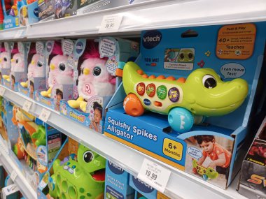 Toronto, On, Kanada - 27 Kasım 2024 Oyuncaklar R Us mağazasındaki oyuncaklarla birlikte raflara bakın.