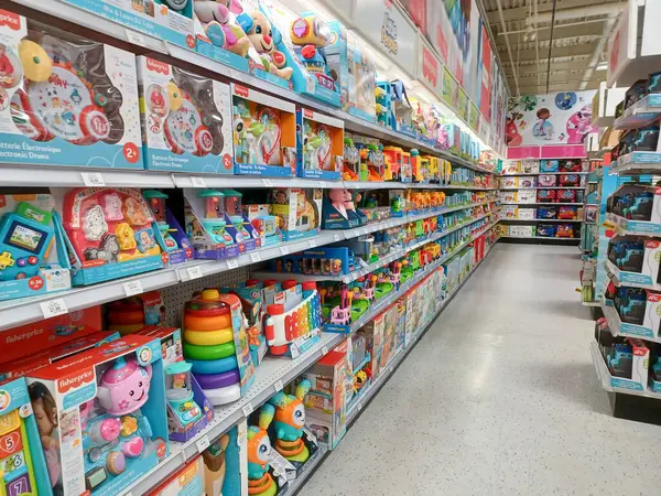 Toronto, On, Kanada - 27 Kasım 2024 Oyuncaklar R Us mağazasındaki oyuncaklarla birlikte raflara bakın.