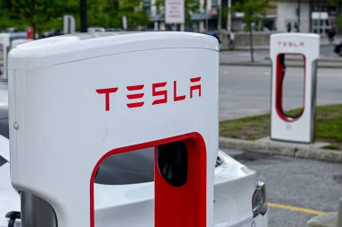 Toronto, ON, Kanada 1 Ağustos 2024: Tesla şirketinin logosuna bakın..