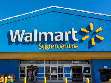 Toronto, ON, Canada - April 30, 2025: View at the logo front sign of the Walmart super store in America.