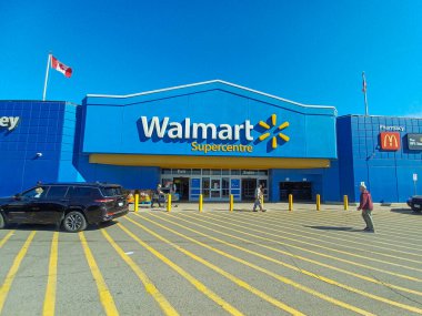 Toronto, ON, Canada - April 30, 2025: View at the logo front sign of the Walmart super store in America.