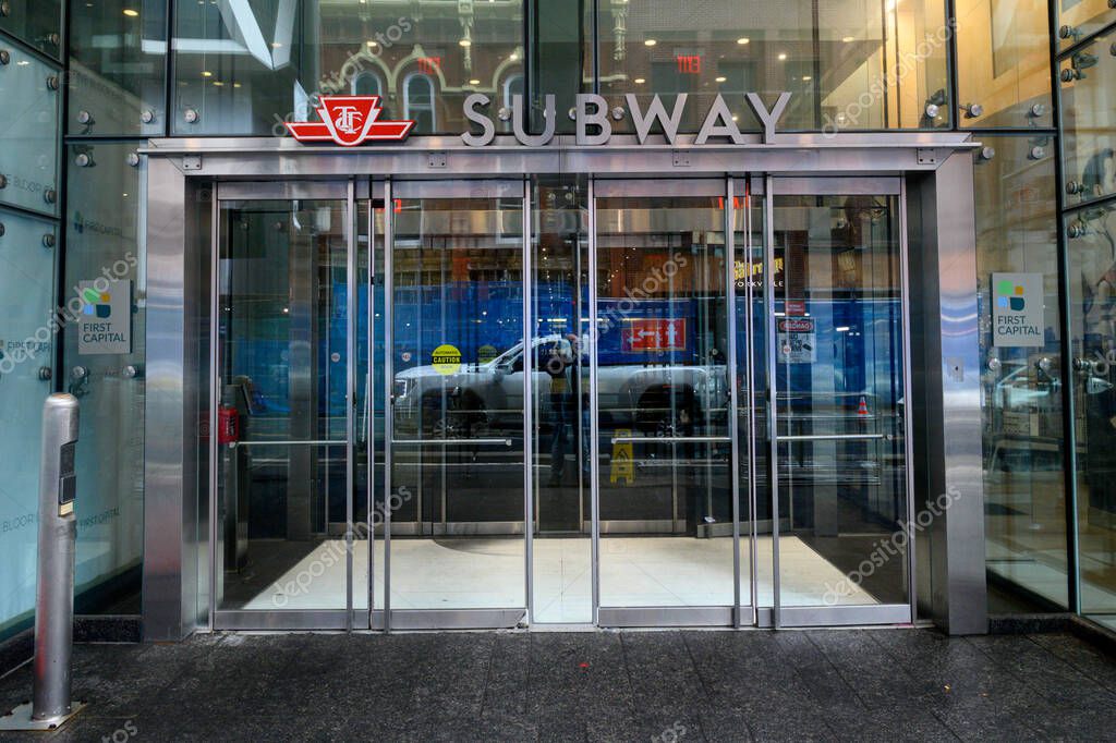 Toronto, ON, Canada  August 7, 2024:  View at Toronto subway station sign. The Toronto subway is a rapid transit system serving Toronto..