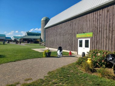 Toronto, ON, Kanada, 1 Eylül 2024: Downey Çiftliği 'nde yeşil çimenler, çam ağaçları ve kabarık bulutlu parlak mavi gökyüzü ile çevrili büyük bir ahırın yanında küçük kahverengi bir ahşap kulübe duruyor..