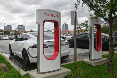 Toronto, ON, Kanada 1 Ağustos 2024: Tesla şirketinin logosuna bakın..