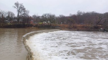 Su Humber Nehri 'nde, sık yeşil ormanlarla çevrili kavisli bir somon merdiveni üzerinden akar..
