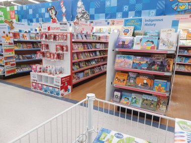 Toronto, On, Kanada - 27 Kasım 2024 Oyuncaklar R Us mağazasındaki oyuncaklarla birlikte raflara bakın.