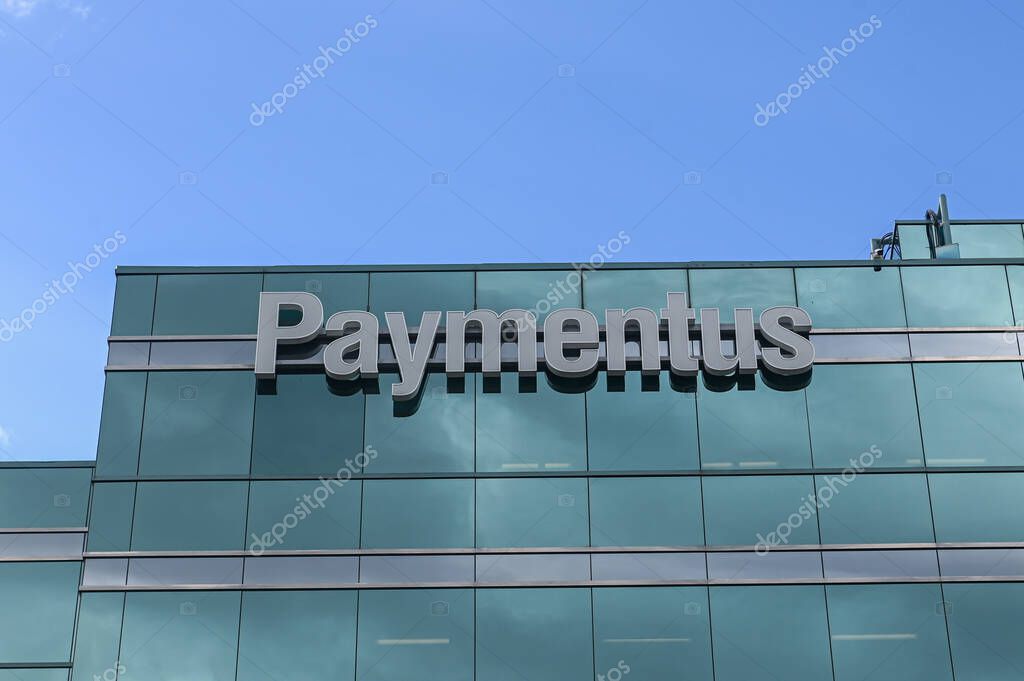 Toronto, ON, Canada  June 20, 2025: View at the Paymentus Fintech IT company logo..