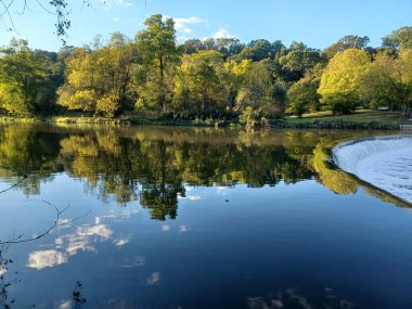 Akşam güneşi Humber Nehri somon merdivenini aydınlatıyor. İnsanlar nehir boyunca toplanıp akan suyu seyrediyorlar..