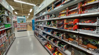 Toronto, ON, Canada - October 5 27, 2025: View the shelves with the toys in the Toys R Us store in Canada