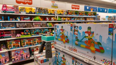 Toronto, ON, Canada - October 5 27, 2025: View the shelves with the toys in the Toys R Us store in Canada