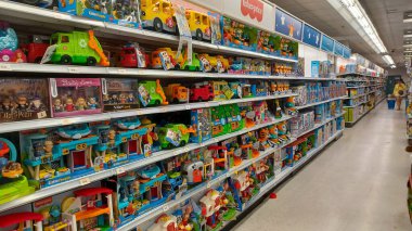 Toronto, ON, Canada - October 5 27, 2025: View the shelves with the toys in the Toys R Us store in Canada