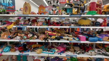 Toronto, ON, Canada - October 5, 2025: View of the toy department in Value Village second-hand store