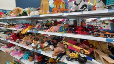 Toronto, ON, Canada - October 5, 2025: View of the toy department in Value Village second-hand store