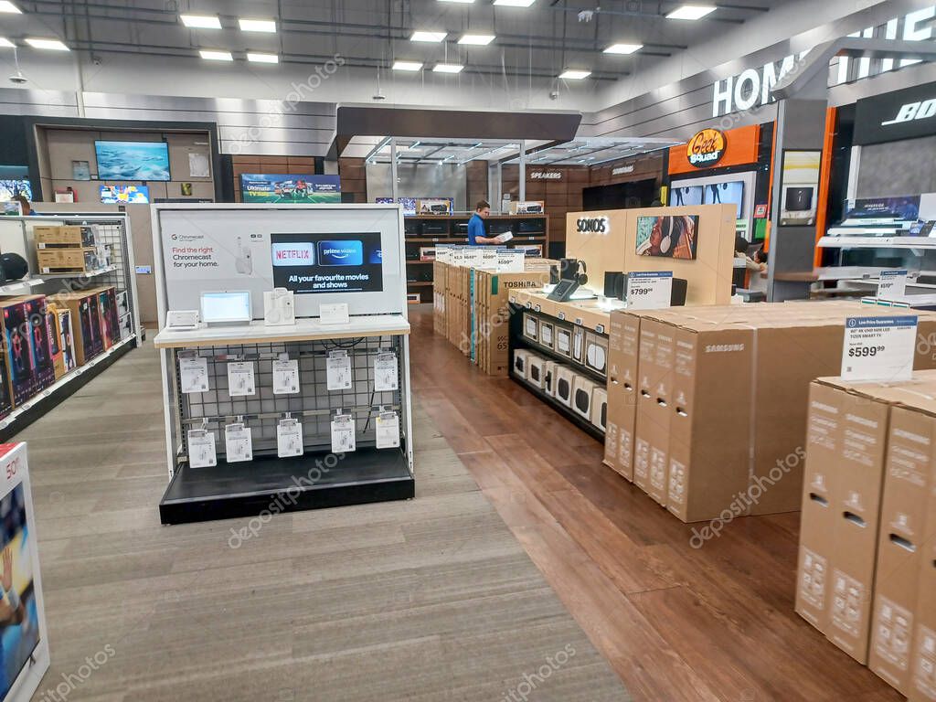 Toronto, ON, Canada - October 5, 2025: View the shelves with the electronics in the Best Buy store