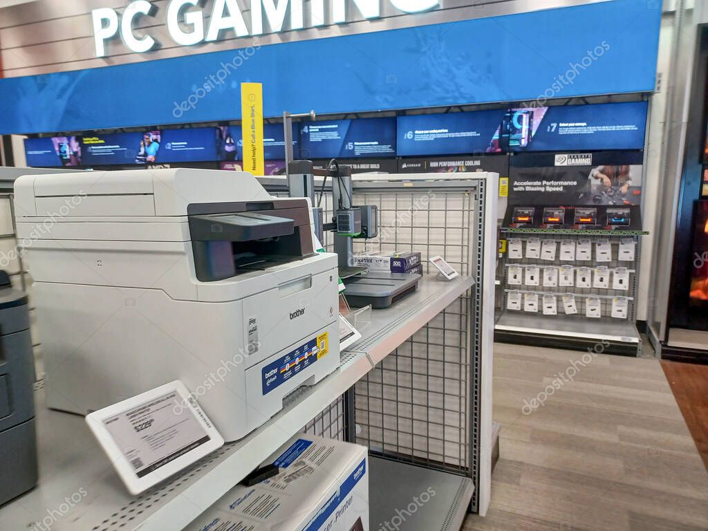 Toronto, ON, Canada - October 5, 2025: View the shelves with the electronics in the Best Buy store
