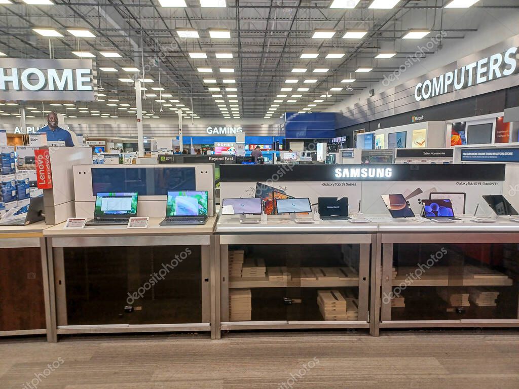 Toronto, ON, Canada - October 5, 2025: View the shelves with the electronics in the Best Buy store