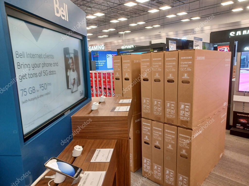 Toronto, ON, Canada - October 5, 2025: View the shelves with the electronics in the Best Buy store