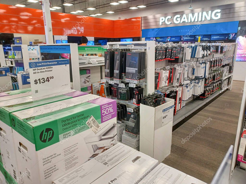 Toronto, ON, Canada - October 5, 2025: View the shelves with the electronics in the Best Buy store