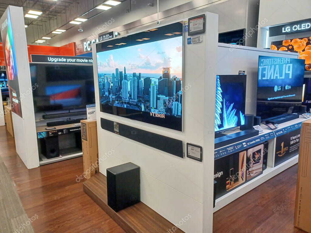 Toronto, ON, Canada - October 5, 2025: View the shelves with the electronics in the Best Buy store