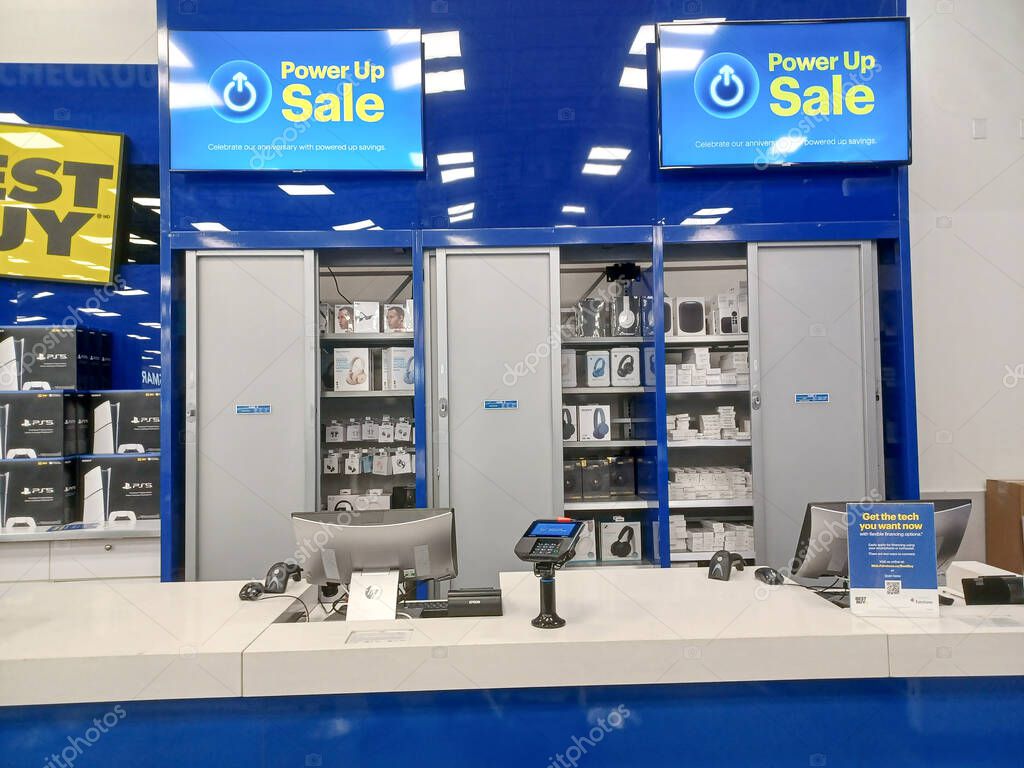 Toronto, ON, Canada - October 5, 2025: View the shelves with the electronics in the Best Buy store