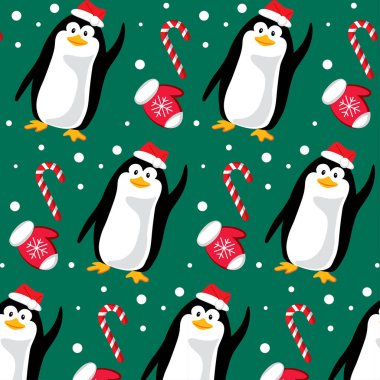 penguen kış bebek desenleri yeşil arka plan